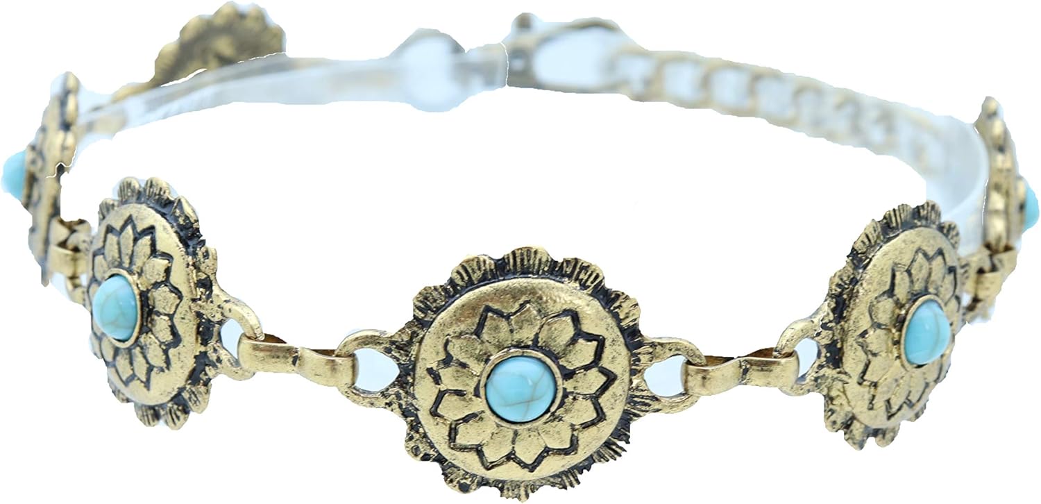 Skiennix Women's Western Antique Metal Boot Chain Anklet - Turquoise Blue Bead Flower Charm