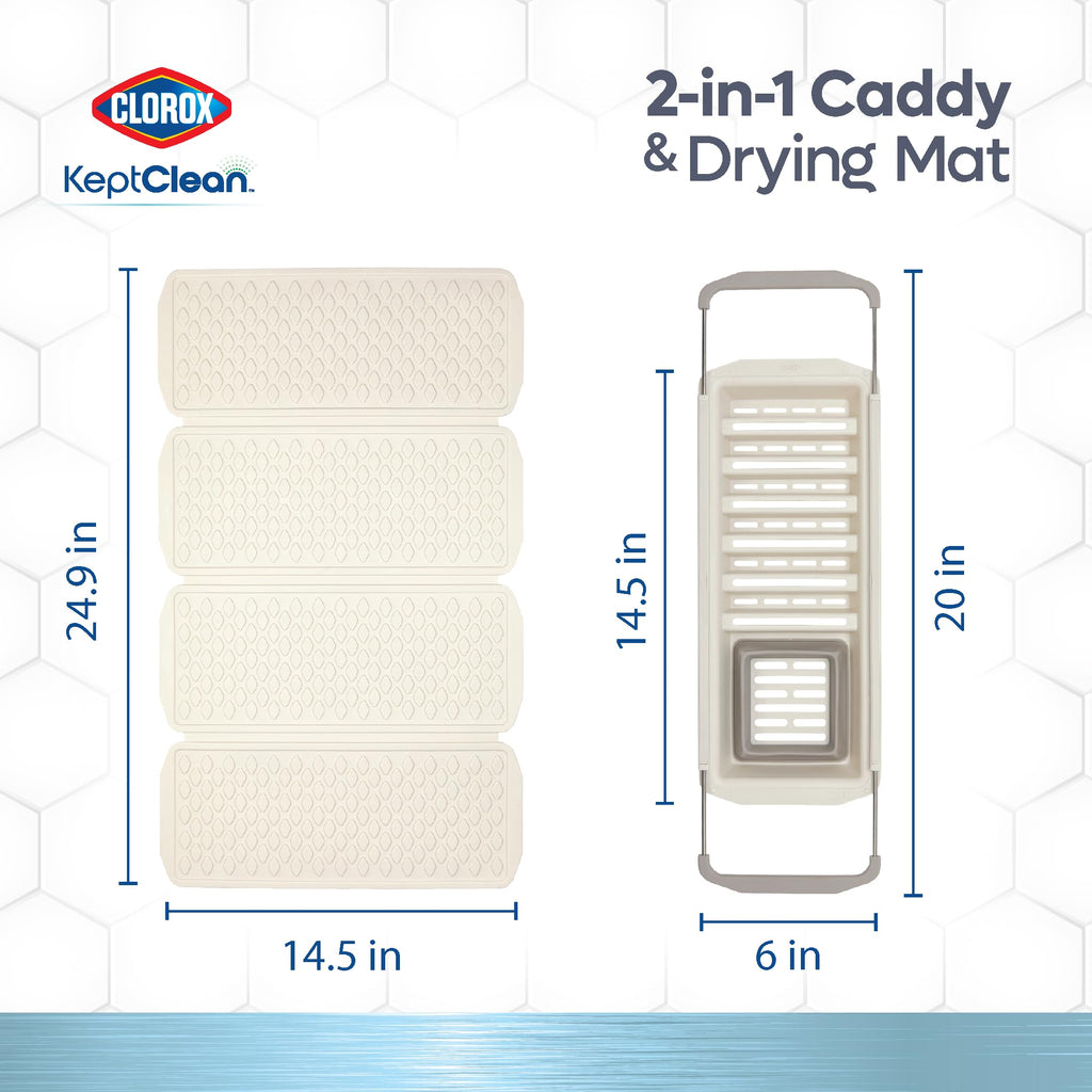 Clorox KeptClean 2-Piece Folding Kitchen Sink Mat and Sink Organizer – Folding Mat for Elevated Drying and Storage, Extending Organizer Dries 6 Plates, Flips to Dry Accessories – Almond Cream