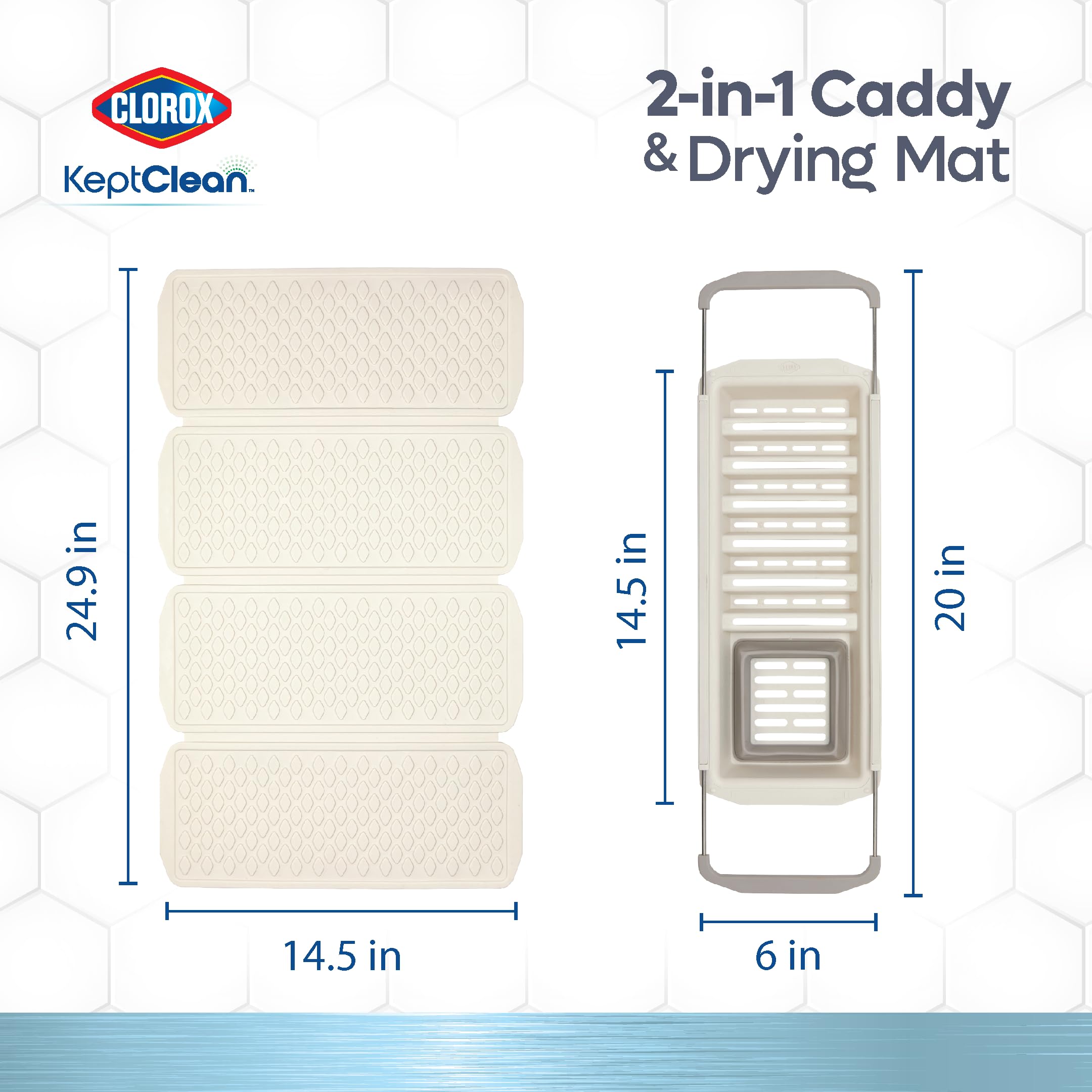 Clorox KeptClean 2-Piece Folding Kitchen Sink Mat and Sink Organizer – Folding Mat for Elevated Drying and Storage, Extending Organizer Dries 6 Plates, Flips to Dry Accessories – Almond Cream