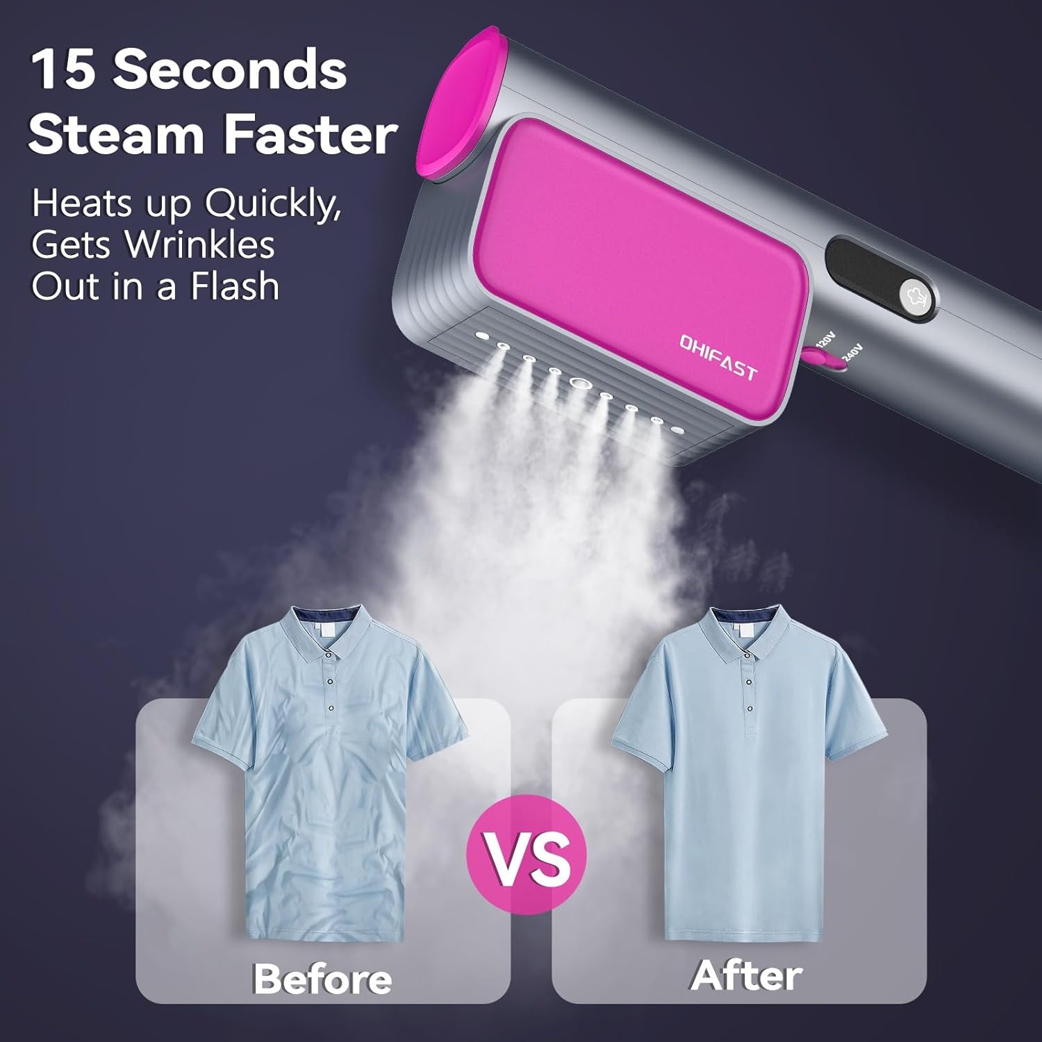 OHIFAST Dual Voltage Travel Steamer - Portable Handheld Garment Steamer | 15s Fast Heat-Up, 9 Mins Continuous Steam