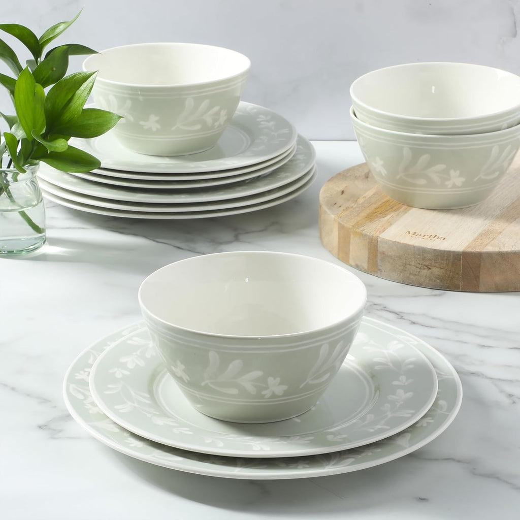 Martha Stewart Dinnerware Set - Maiden Crown 12-Piece Floral Dish Set, Sage Green | New Bone China, Service for 4, Microwave & Dishwasher Safe