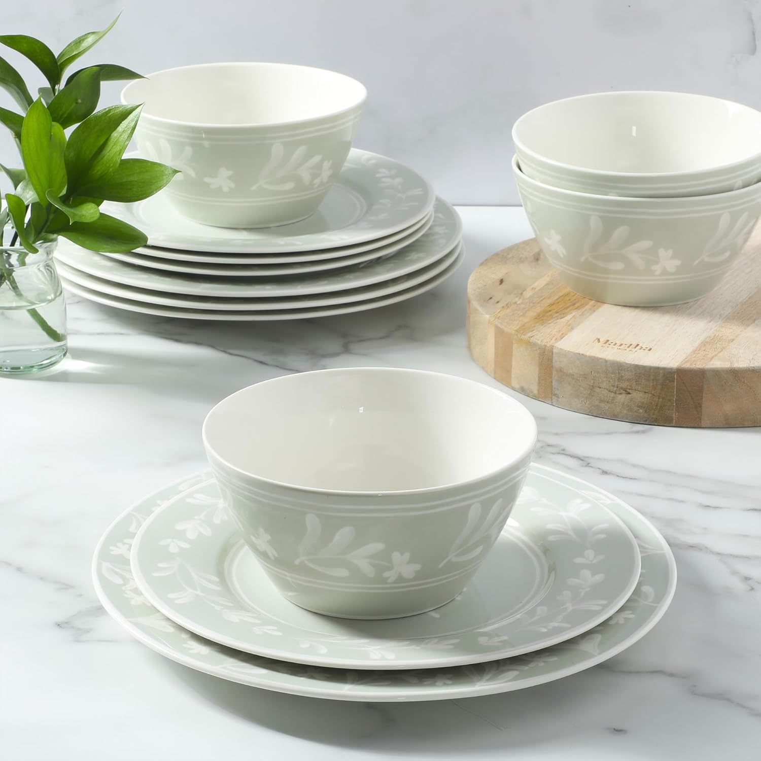 Martha Stewart Dinnerware Set - Maiden Crown 12-Piece Floral Dish Set, Sage Green | New Bone China, Service for 4, Microwave & Dishwasher Safe