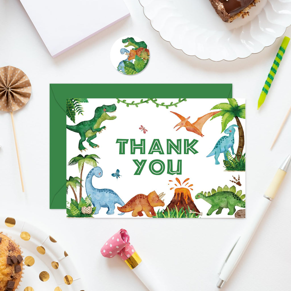 Whaline 24 Pack Dinosaur Thank You Cards Watercolor Green Jurassic Greeting Card with Envelopes Sticker Cute Animal Blank Note Card for Baby Shower Party Invitation Supplies, 4 x 6 Inch