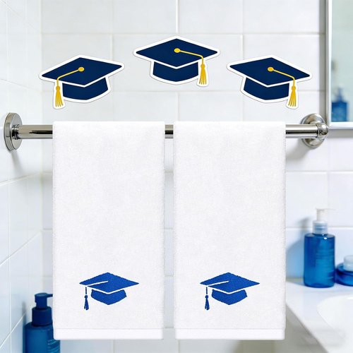 FYSUIMU Graduation Hand Towels - Embroidered Cotton Bath Towels | Blue Diploma Cap Design, 29.5 x 13.7 Inch