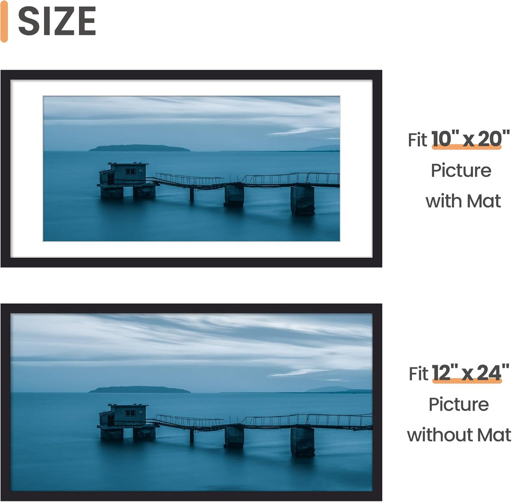 Upsimples 12x24 Picture Frame - Versatile Wall Hanging for 10x20 Photos with Mat, Black, 1 Pack