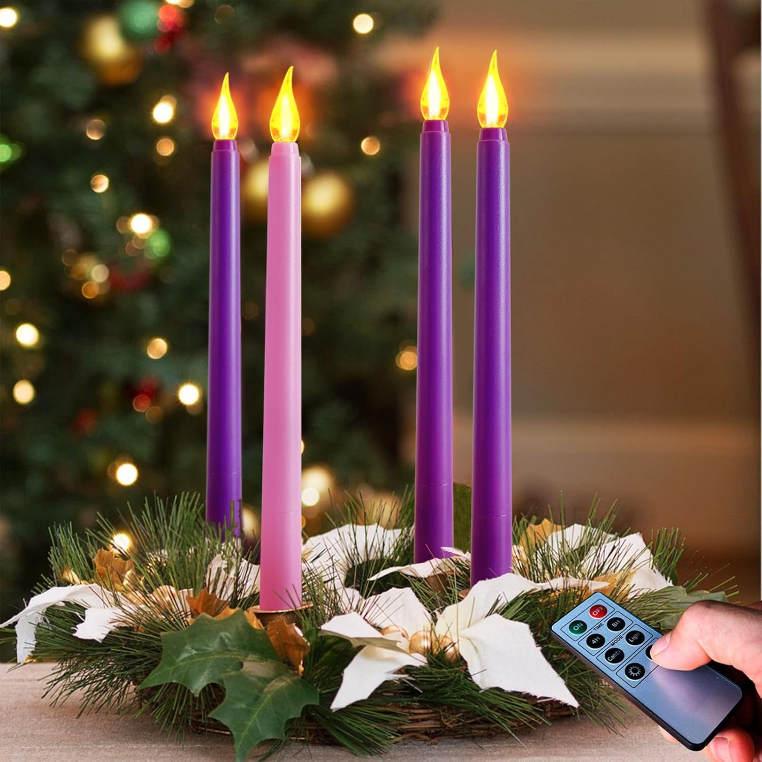 Regine Switzerland Flameless Taper Candles - Set of 4 Battery Operated, Flickering Purple & Pink for Home Decor