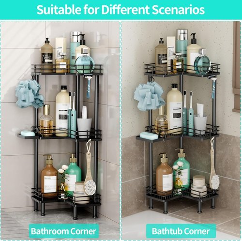 HapiRm Corner Shower Caddy - 3-Tier Rustproof Bathroom Organizer with Soap Holder & 4 Hooks, Black