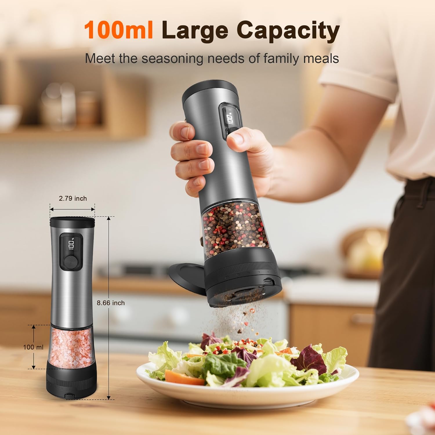 Skiennix Electric Salt and Pepper Grinder Set - Rechargeable Stainless Steel Mill with LED Light & 100ml Capacity