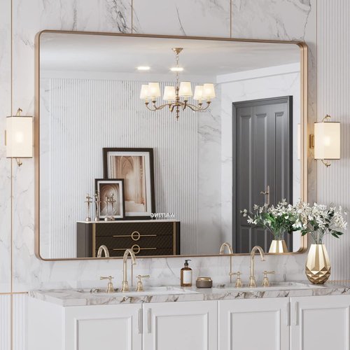LOAAO Gold Bathroom Mirror - 48”X36” Rounded Rectangle Design | Wall-Mounted, Anti-Rust Tempered Glass