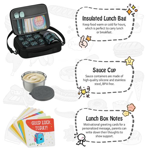 Itslife Bento Lunch Box Set for Kids with 12oz Soup Thermo&Lunch Bag, Leak-Proof Lunch Food Containers for Kids School, 5 Compartment, Sauce Cup, 10 Notes (Gaming Black)