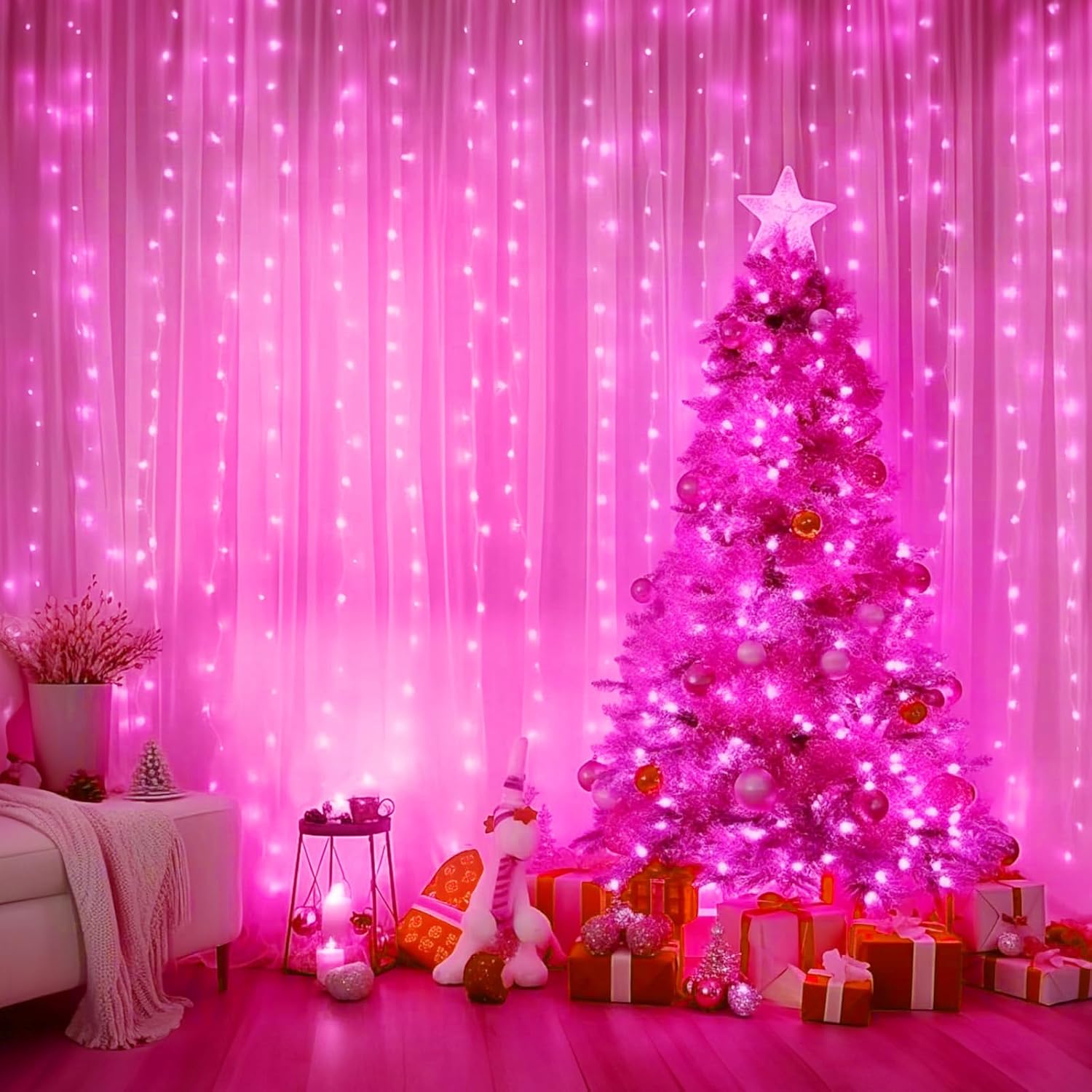Minetom 300 LED Curtain Lights - Dimmable Fairy String Lights with Remote & Timer | Pink Indoor Decor