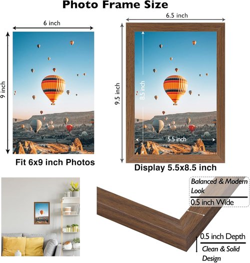 JCJMY 6x9 Picture Frame - Brown Wall Hanging & Tabletop Display | Shatter-Resistant Plexiglass