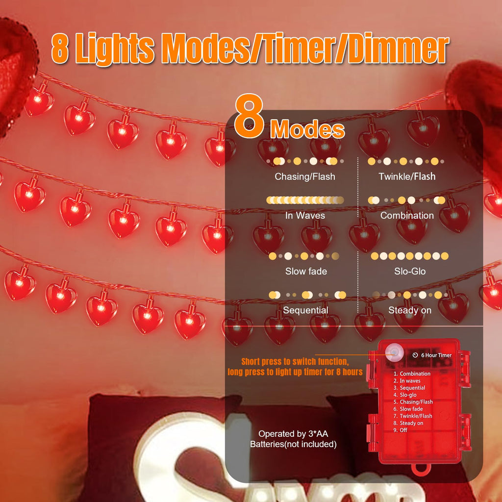 LAMPHOME Valentine's Day String Lights, 16.1 FT 50 LED Heart Red String Light, Romantic Fairy Lights Battery Operated Timer, Valentine Decor for Indoor Outdoor Wedding Anniversary Holiday Party