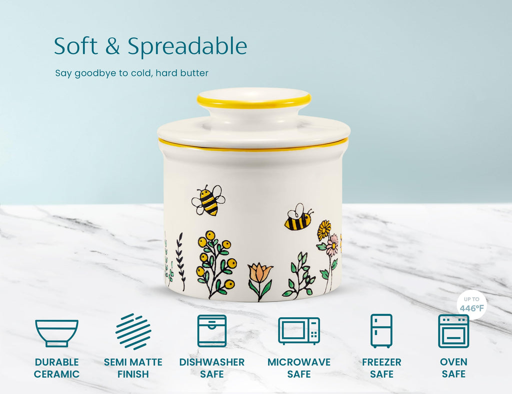 Kook Butter Keeper Dish, French Ceramic Crock with Lid, Embossed Container, For Soft Butter, (Meadow)