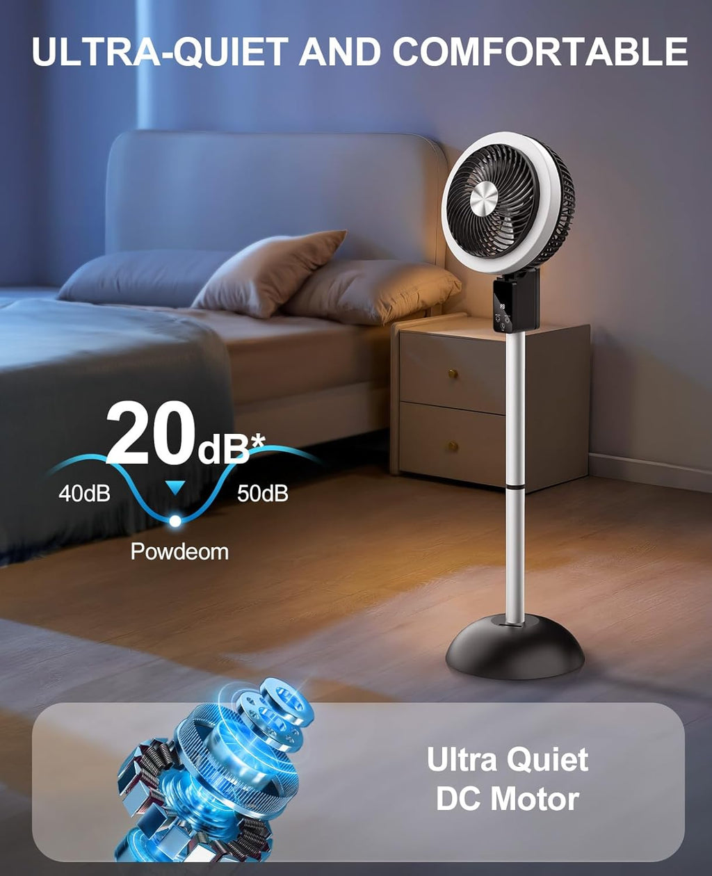 Skiennix Portable Standing Fan - 10000mAh Rechargeable Battery | 8 Speeds, 90° Oscillation, Adjustable Height