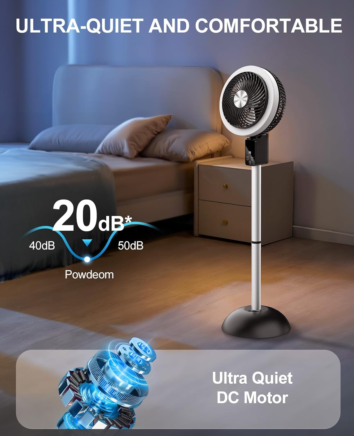 Skiennix Portable Standing Fan - 10000mAh Rechargeable Battery | 8 Speeds, 90° Oscillation, Adjustable Height
