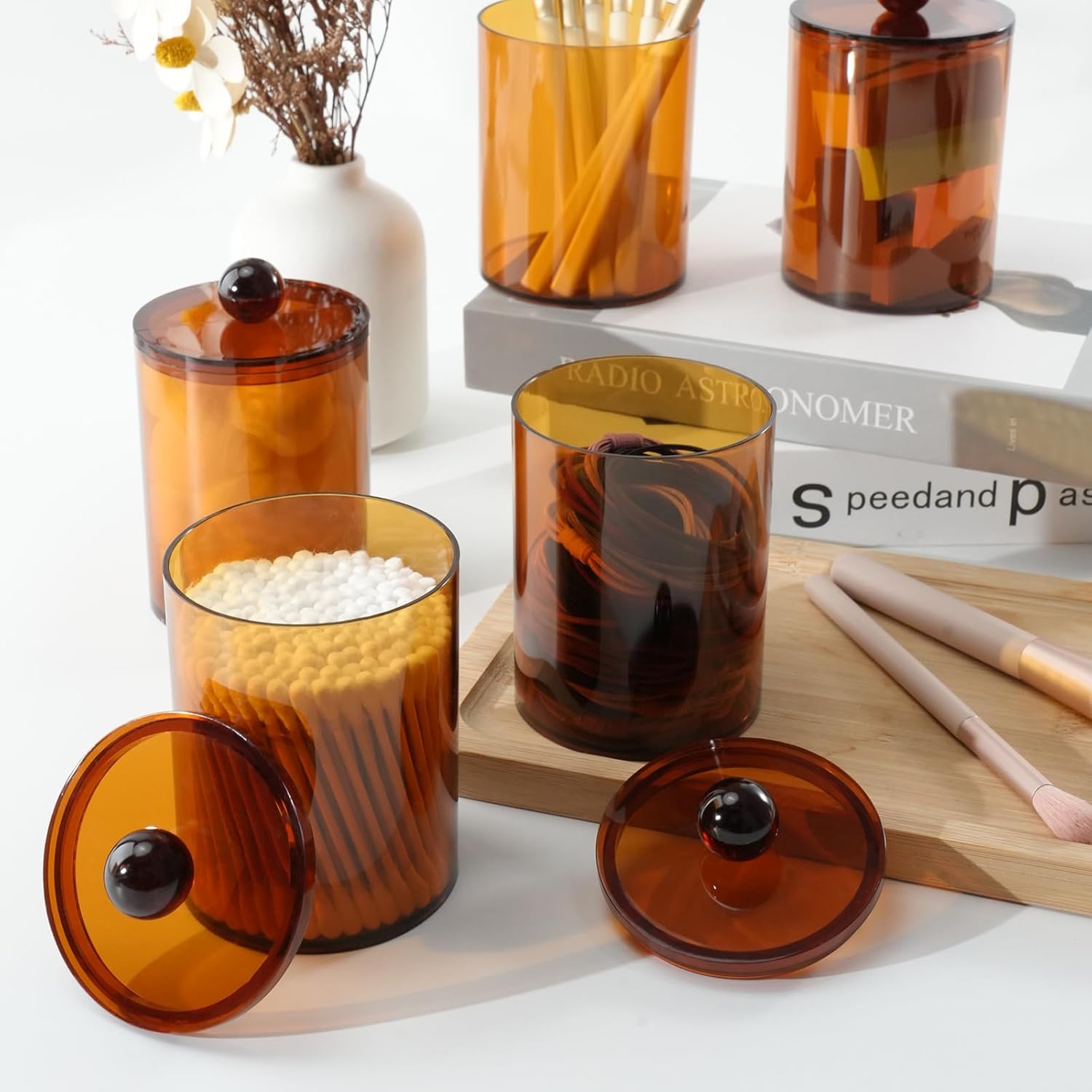 XIPENGKEJI Qtip Holder Set - 4 Pack Apothecary Jars with Lids for Bathroom Organization | 10oz-12oz Brown Canisters