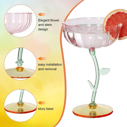 Yiyiring 24 Pcs Flower Detachable Martini Glasses, 7oz Plastic Cocktail Glasses, Flower Edge Wavy Mimosa Champagne Glass Coupe Unbreakable Glassware for Wine Wedding Valentine Party(Pink)