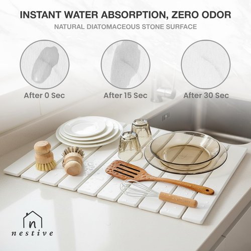 Large Stone Dish Drying Mat for Kitchen Counter, 24"x16", Fast Drying Collapsible, Diatomaceous Earth Mat, Super Absorbent Folding Mat for Dishes, Bottles, Glass, Heat-Resistant, Non-Slip (White)