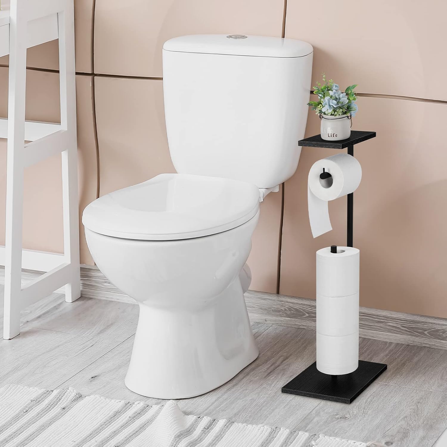 Skiennix Free Standing Toilet Paper Holder - Stylish Black Bathroom Stand with Storage Shelf for Mega Rolls