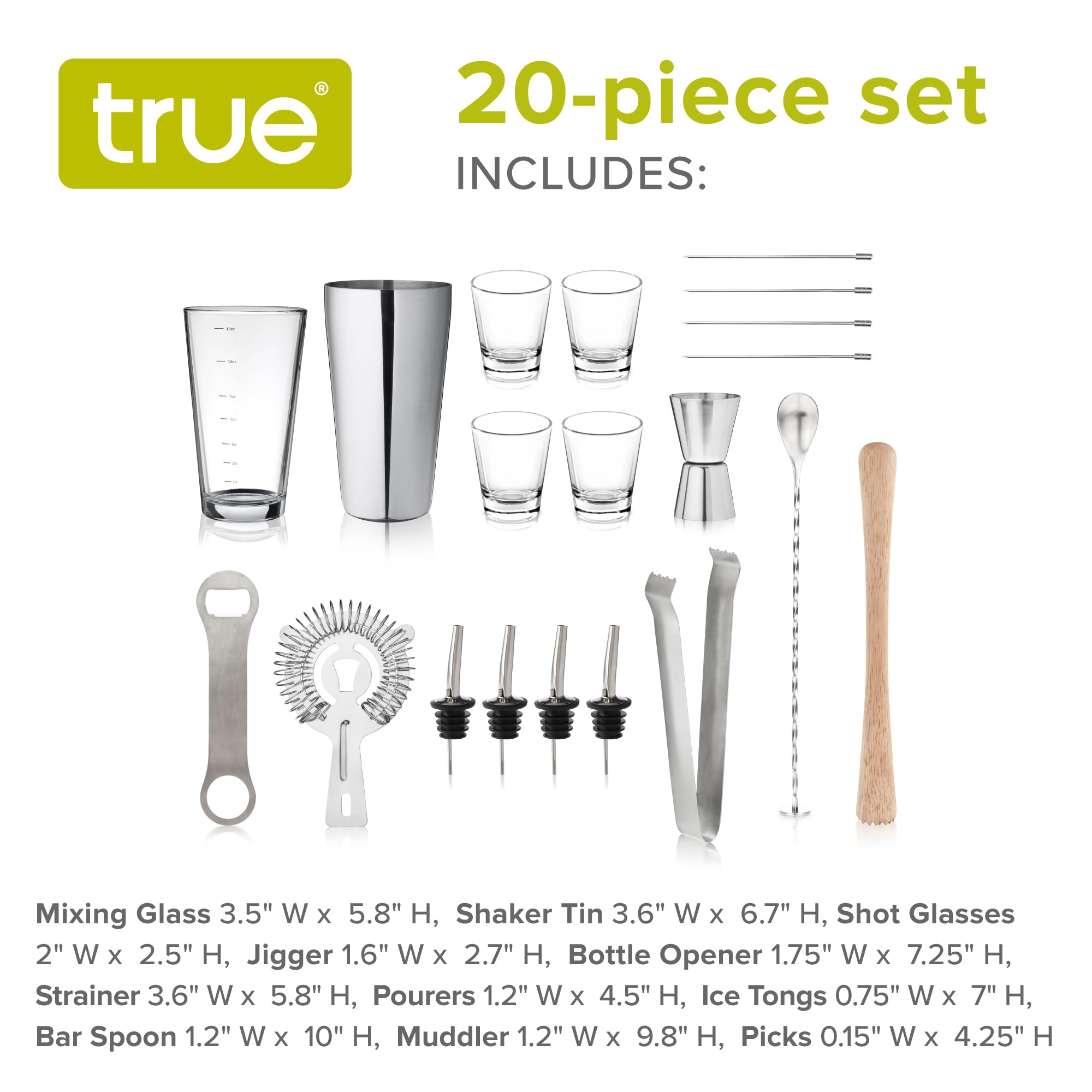 True 20-Piece Cocktail Shaker Bar Set with Wooden Stand Includes Boston Shaker, Mixing Glass, Muddler, Jigger, Strainer, Bartender Kit for Mixed Drinks, Cold Brew Cocktails, Home Bar Tools