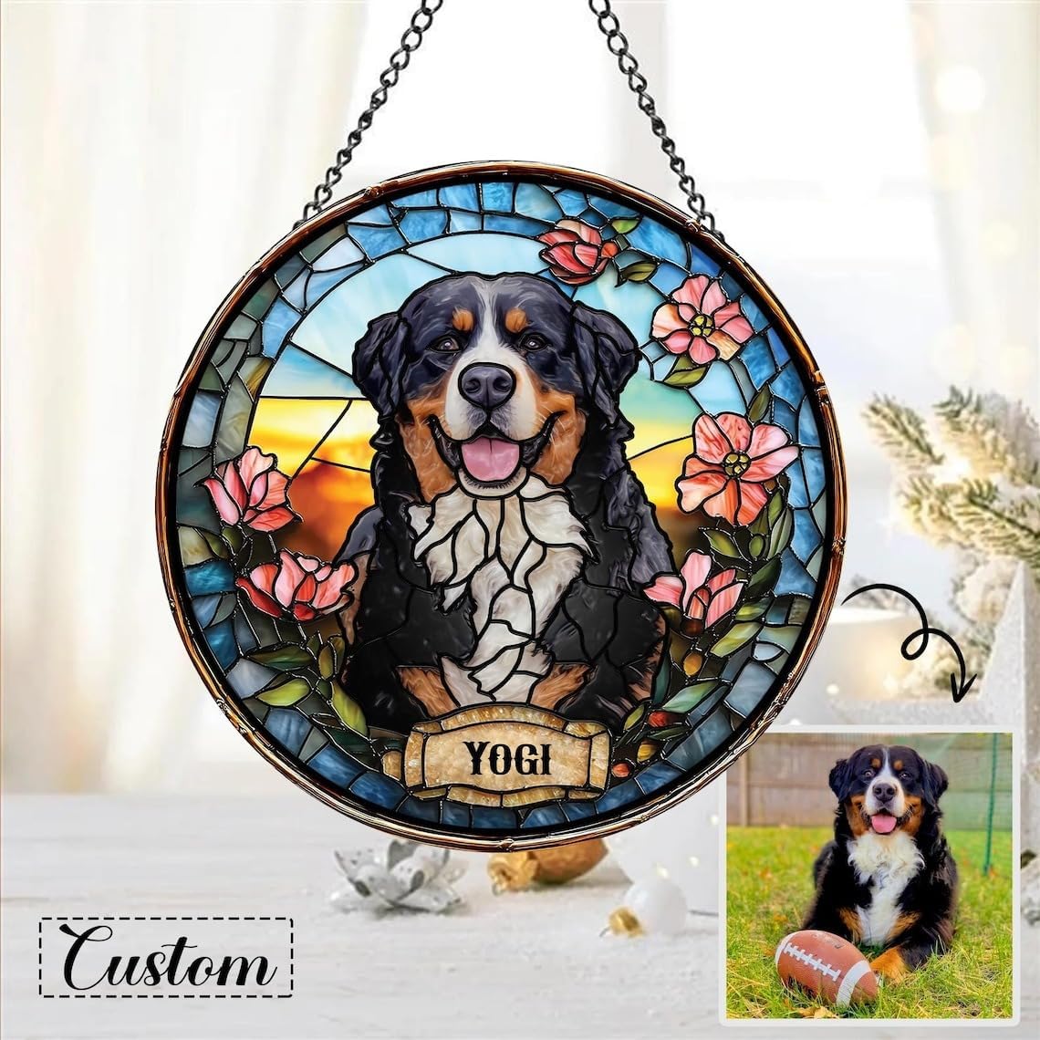 Skiennix Custom Dog Portrait Stained Glass Light Catcher - Pet Memorial Gift | Personalized Tribute