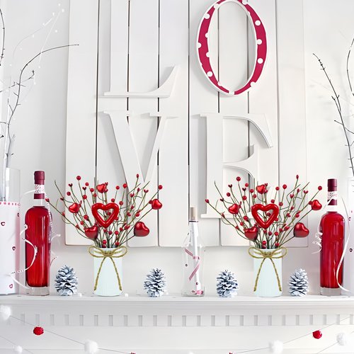 Caplidou 2 Pcs Valentines Day Decorations, Valentines Day Centerpiece for Table Artificial Heart Berry Stems Picks with Vase Floral Arrangement for Mantel Party Wedding Anniversary Home Office