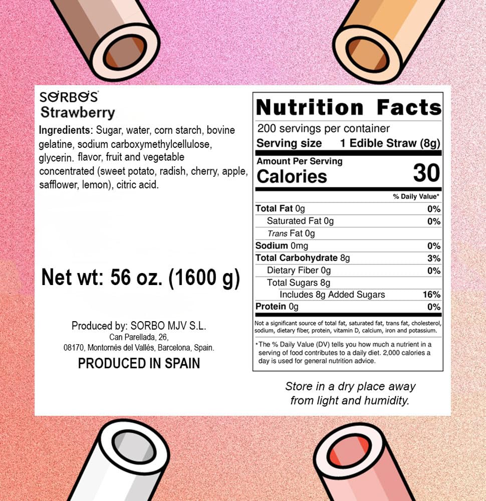 Sorbos Edible Straws, Strawberry Flavored, Sustainable, Individually Packaged, No Plastic, No Allergens, No Gluten, No PFAS, 100 Percent Biodegradable, 7.4 inches long (Pack of 200)