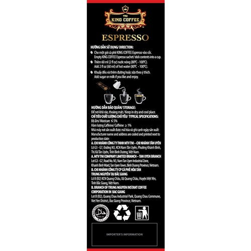 King Coffee Espresso Instant Coffee Vietnamese Coffee, Trung Nguyen International, Arabica Instant Coffee Mix, Medium Roast, 15 Sticks Per Box x 2.5g, Pack of 12