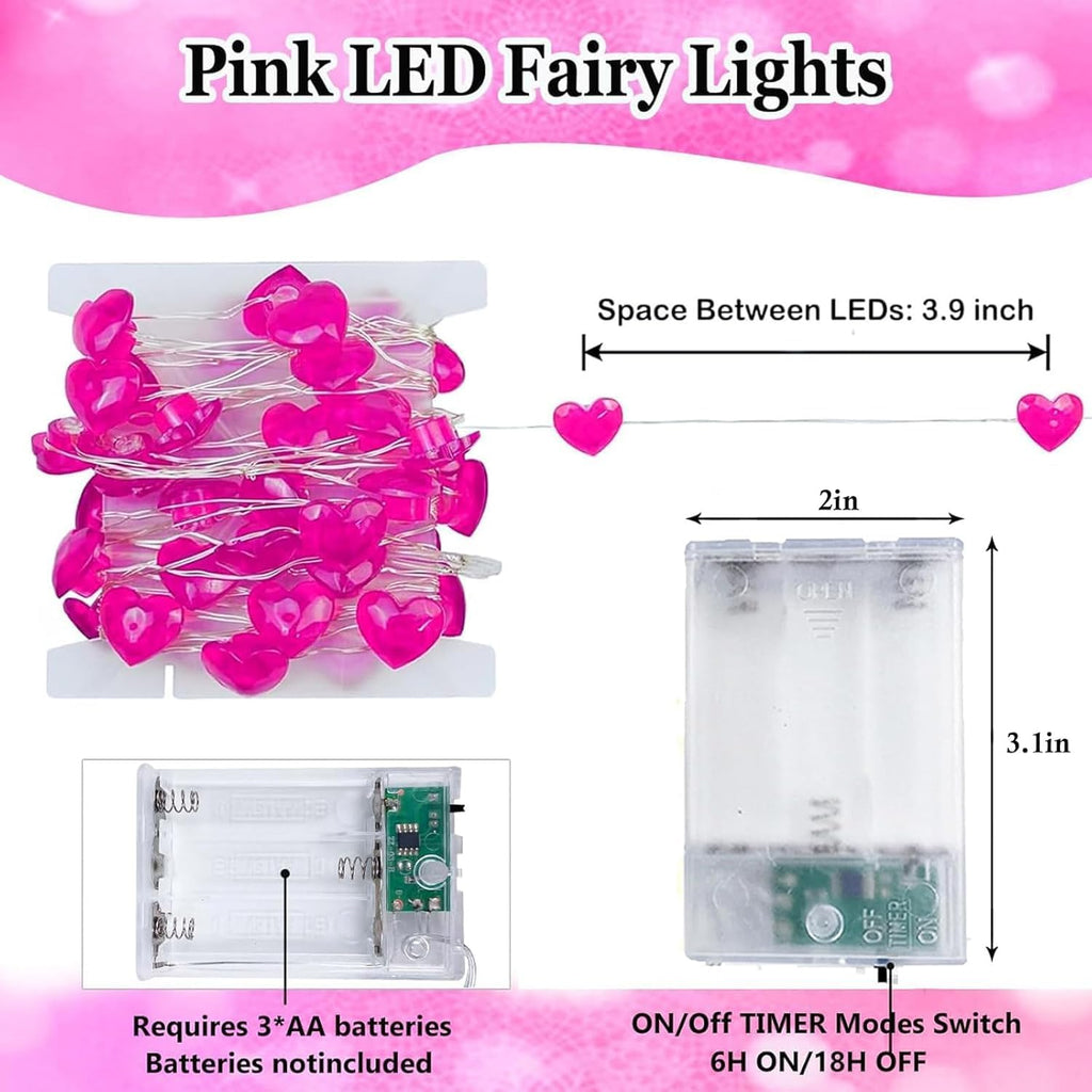 Skiennix 10FT Pink Heart Fairy Lights - Battery Operated LED String Lights with Timer | Waterproof Indoor/Outdoor Decor for Valentine's Day & Special Occasions