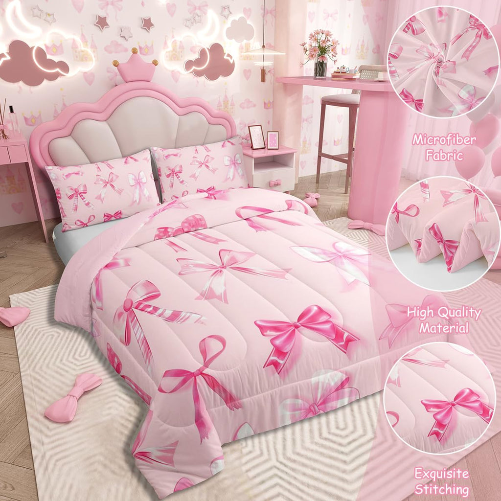 jejeloiu Pink Bow Bedding Set Twin Girls Bow Comforter Set for Kids Teens Girls Cute Bowknot Comforter Breathable Soft Lightweight Microfiber Kawaii Cute Pink Room Decor