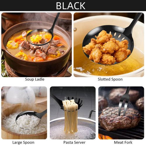 304 Stainless Steel Cooking Utensils Set,9PCS Metal Kitchen Utensils Set with Wooden Handle,Solid Spoon,Spatula,Ladle,Skimmer,Spaghetti Spoon,Dishwasher Safe(Black)