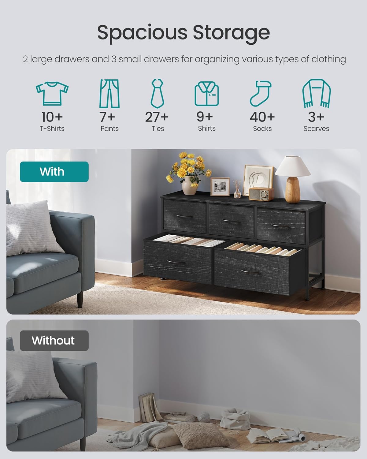 SONGMICS Dresser - Modern Chest of Drawers for Bedroom Storage | 5 Drawer Organizer in Ebony Black