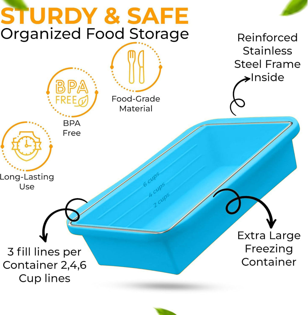 MT.BAY (2 Pack) Large Silicone Freezer Containers For Soup, Pasta Sauce, Leftovers, Broth & More - 6 Cup Reusable BPA Free Non Plastic Food Storage Freezing Ice Trays With Lids & Measurement Lines