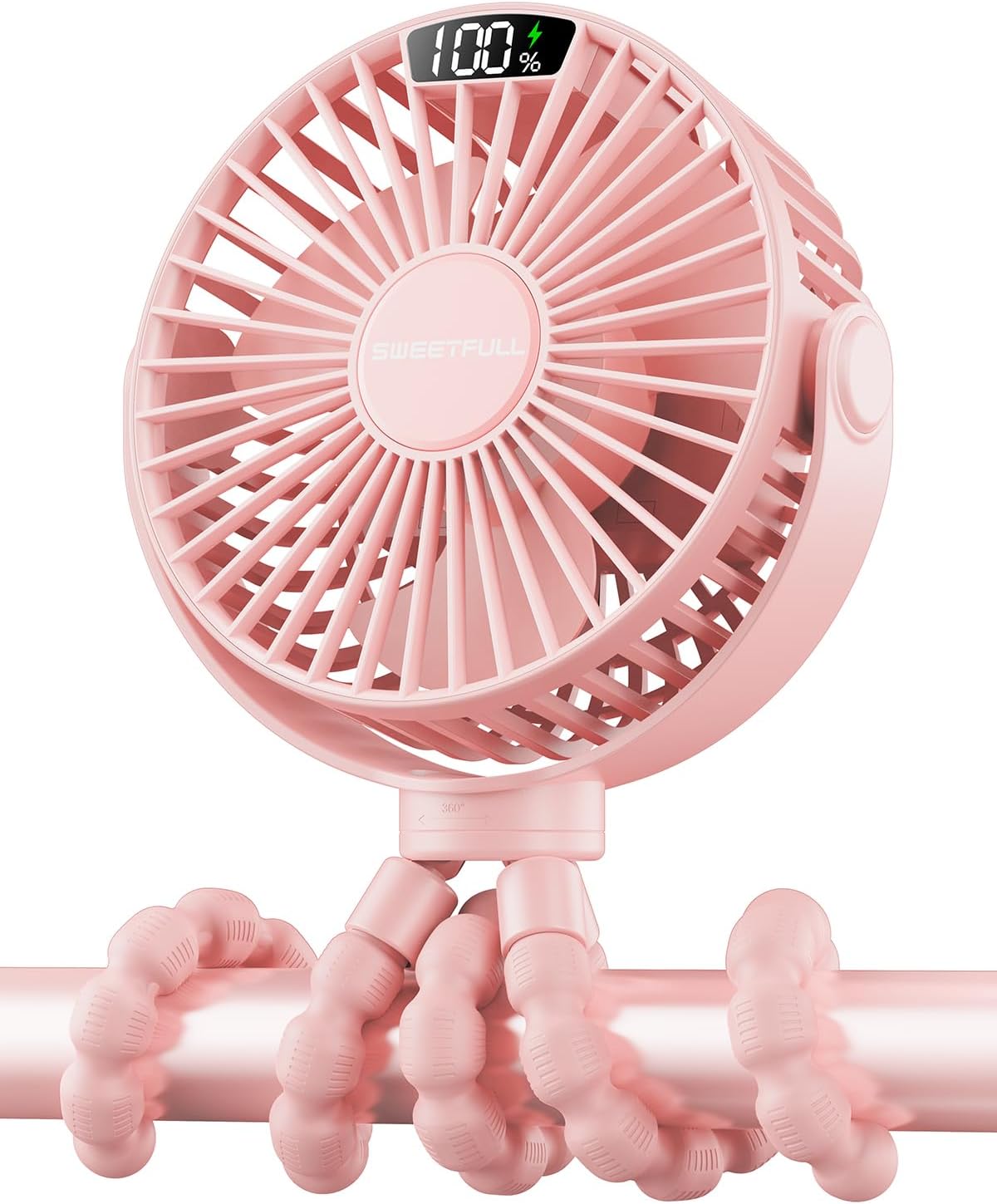 Sweetfull Portable Stroller Fan - 4-Speed Rechargeable Mini Clip-On Fan with LED Display | 360° Rotation (Pink)