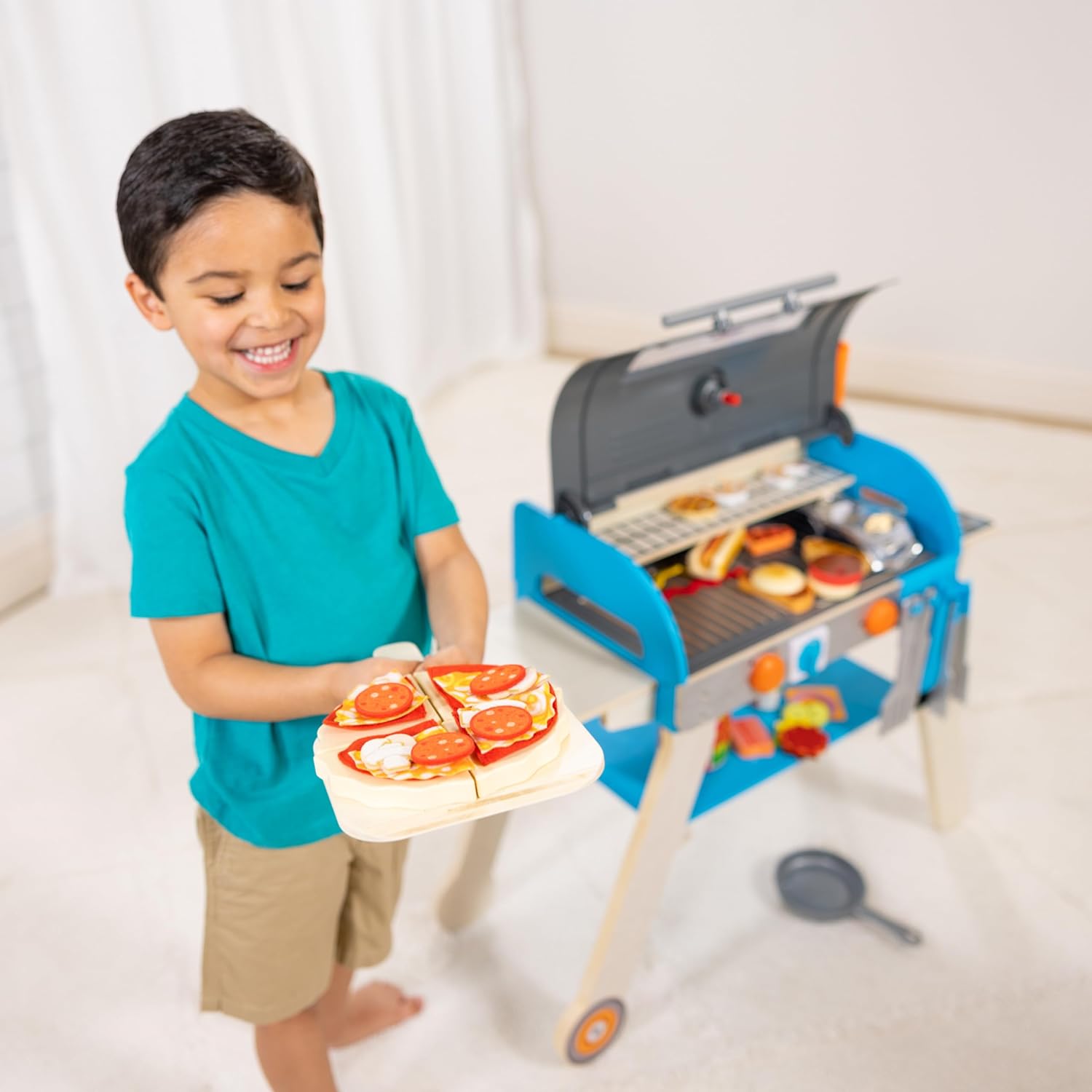 Melissa & Doug Deluxe Wooden Barbecue Grill & Smoker | Kids Play Kitchen Set with Toy Food - FSC Certified