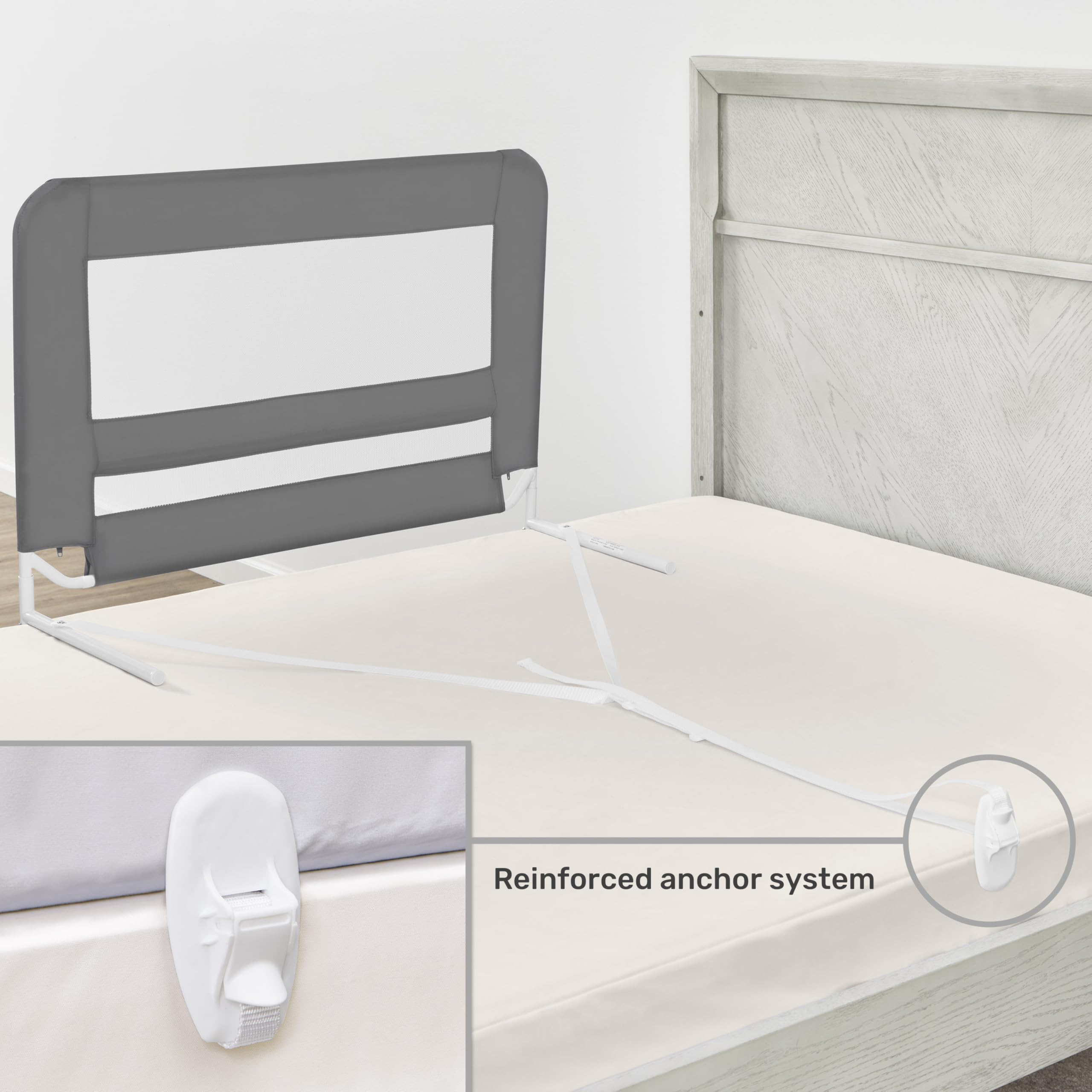 Dream On Me Mesh Security Bed Guard Rail for Toddlers 2–5 Years, Fits Twin–King Beds, Reinforced Anchor System, 2 Adjustable Heights, Grey, Not for Cribs/Toddler Beds