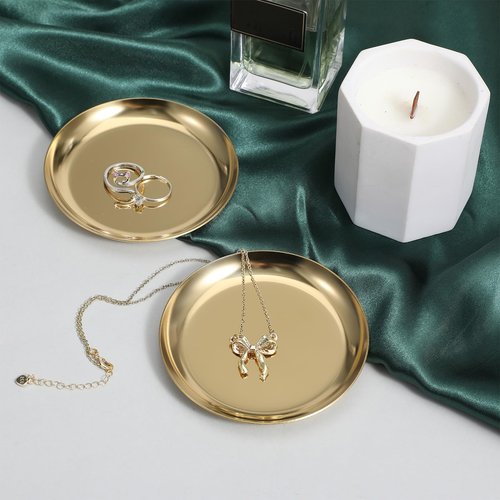2 Pack 4 Inch Gold Round Serving Trays, Stainless Steel Decorative Jewelry Tray Vanity Tray Candle Drink Plate Small Storage Organizer Trays for Bathroom Candle, Perfume, Countertop