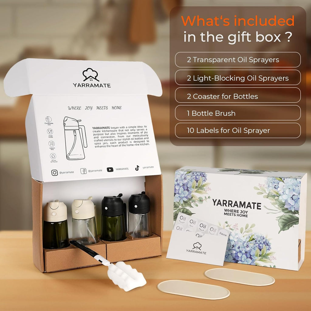 YARRAMATE Glass Olive Oil Sprayer Set - 4Pcs 16oz with Stickers & Non-Slip Mats | Perfect Kitchen Gift