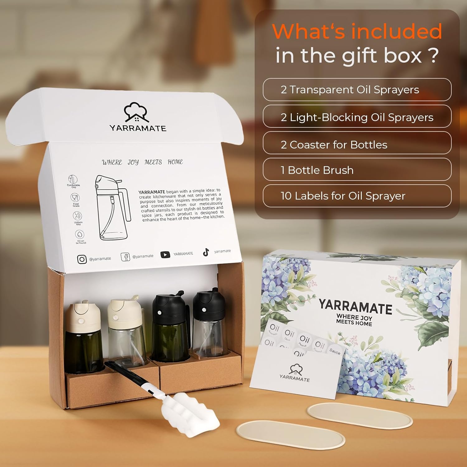 YARRAMATE Glass Olive Oil Sprayer Set - 4Pcs 16oz with Stickers & Non-Slip Mats | Perfect Kitchen Gift