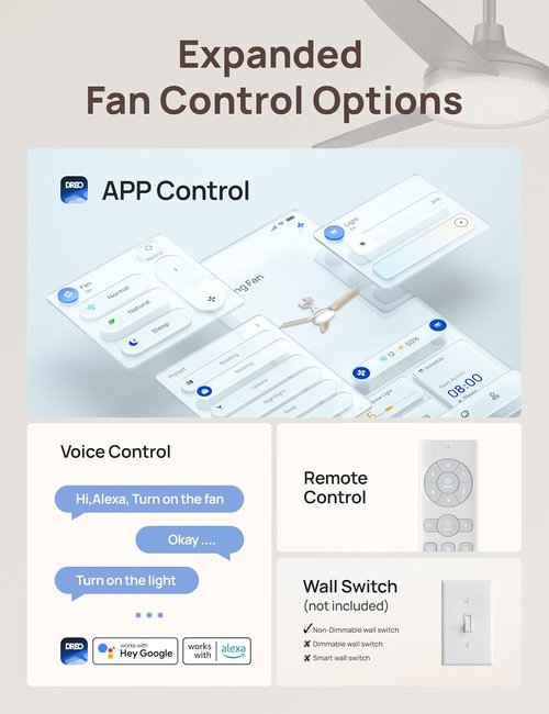 DREO Smart Ceiling Fan - 42 Inch White Design with Dimmable LED Light & 12 Speeds | Quiet DC Motor & Remote Control