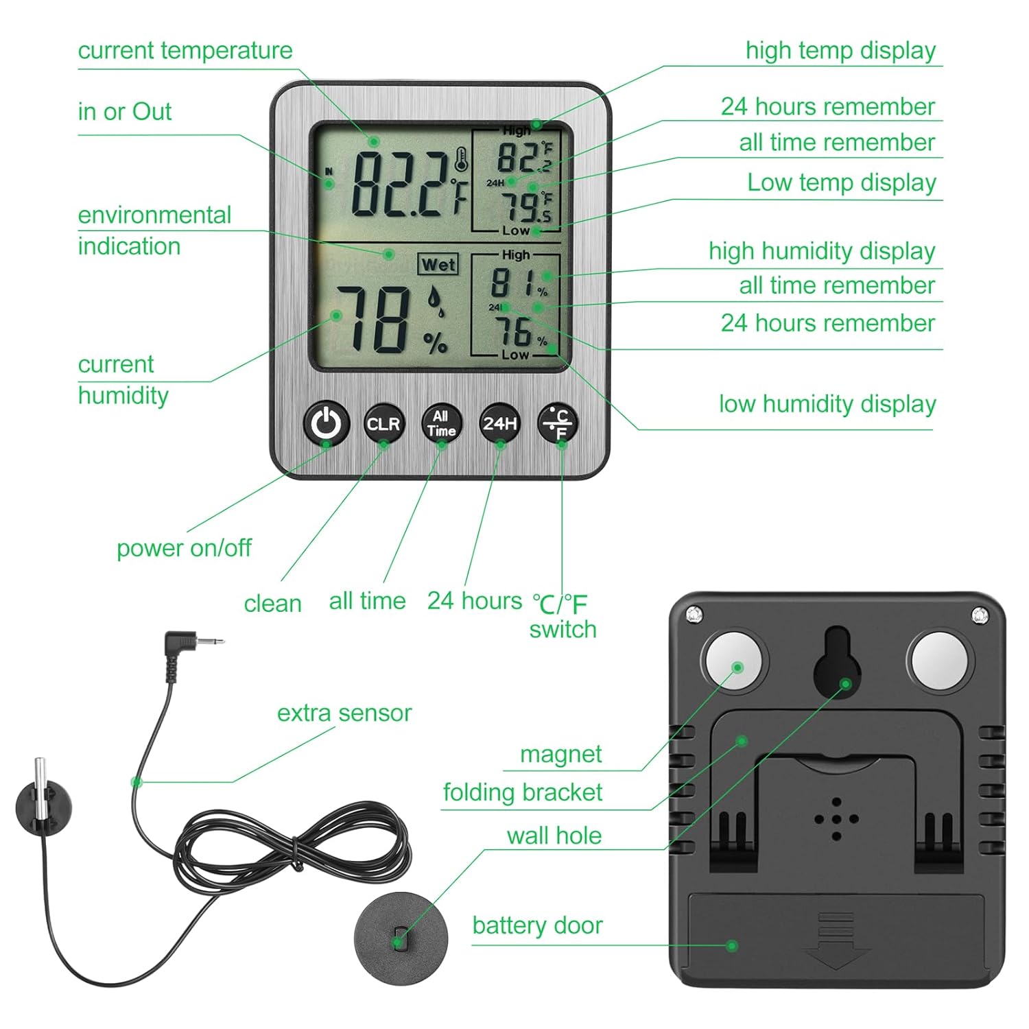 ZZ20 Digital Refrigerator Freezer Thermometer - Extra Sensor Reptile Hygrometer with Max/Min Memory