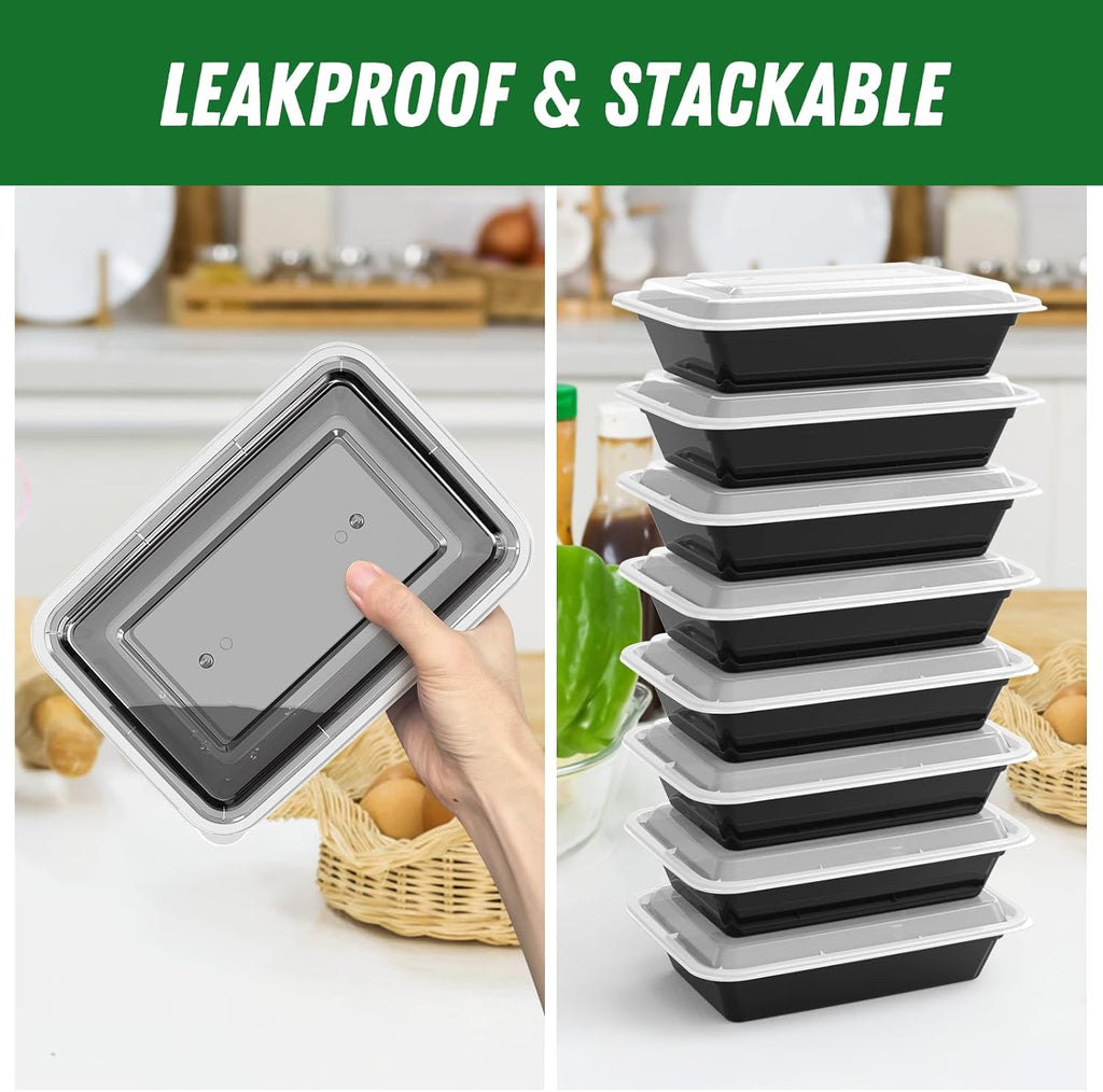 Regine Switzerland 32 oz Meal Prep Containers - 50 Pack Reusable, Leakproof, Microwave & Dishwasher Safe | Black