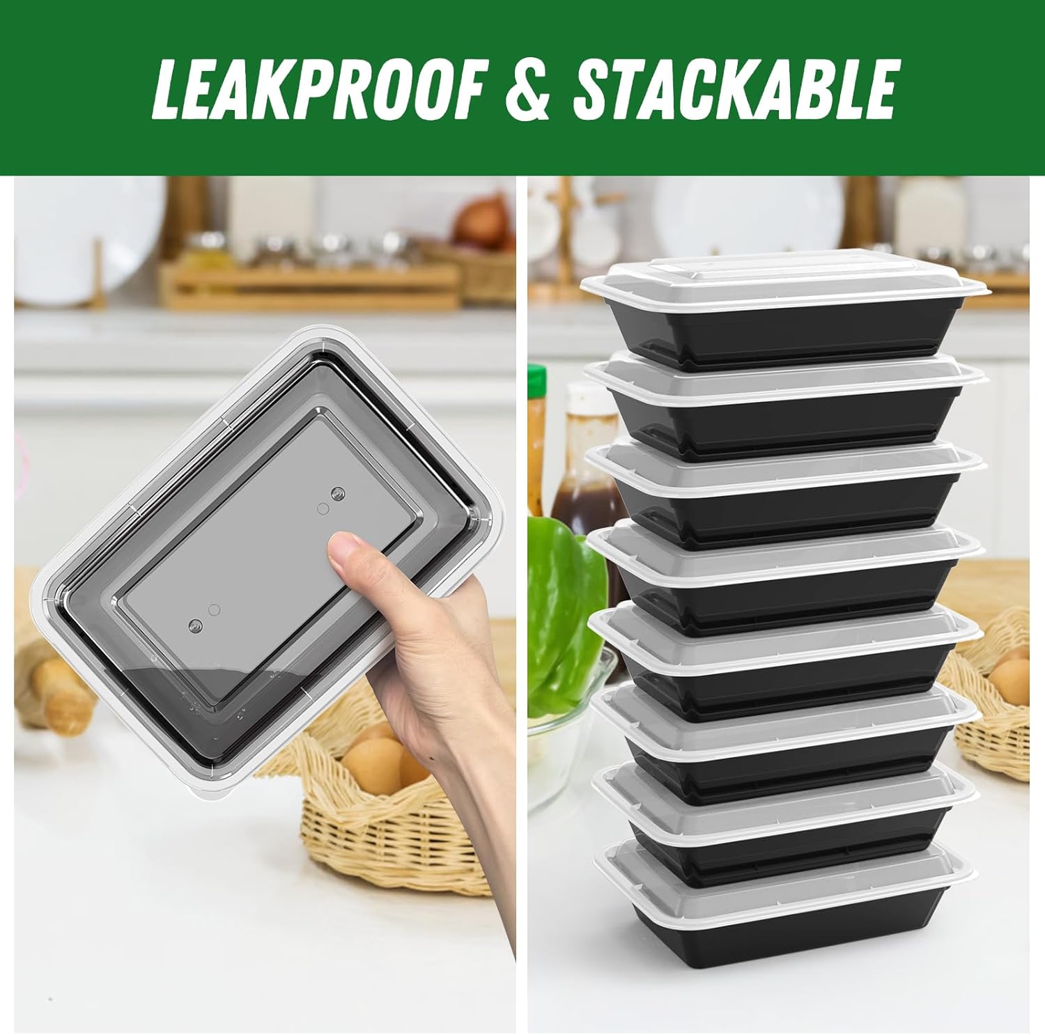 Regine Switzerland 32 oz Meal Prep Containers - 50 Pack Reusable, Leakproof, Microwave & Dishwasher Safe | Black