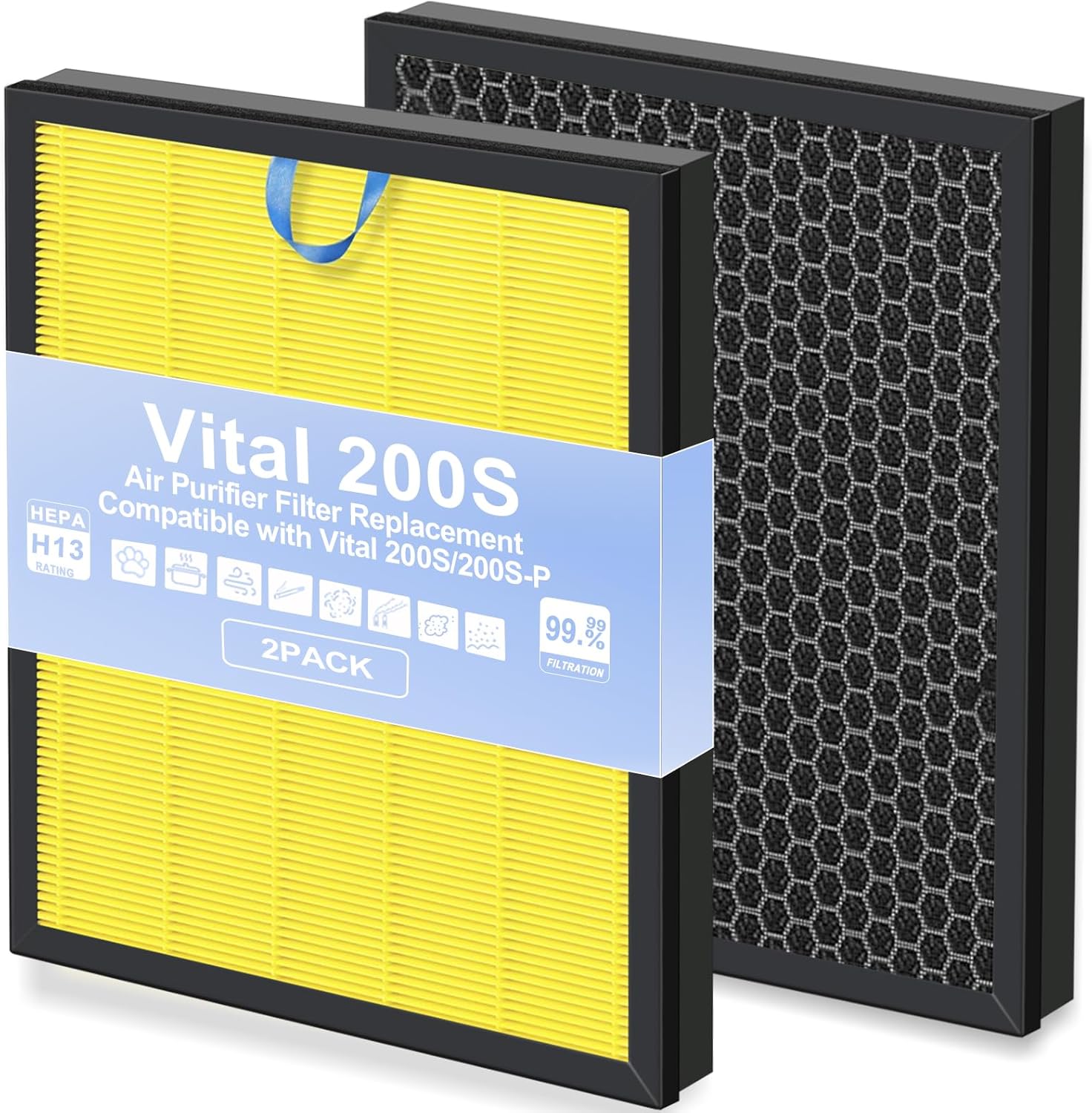 Vital 200S Replacement Filter - H13 True HEPA + Activated Carbon | 2-Pack, Easy Install, Long Lasting (Yellow)
