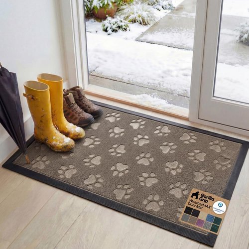 GORILLA GRIP Waterproof All-Season WeatherMAX Doormat - 47x35 Natural Rubber | Stain & Fade Resistant, Easy Clean Tan Pawprints