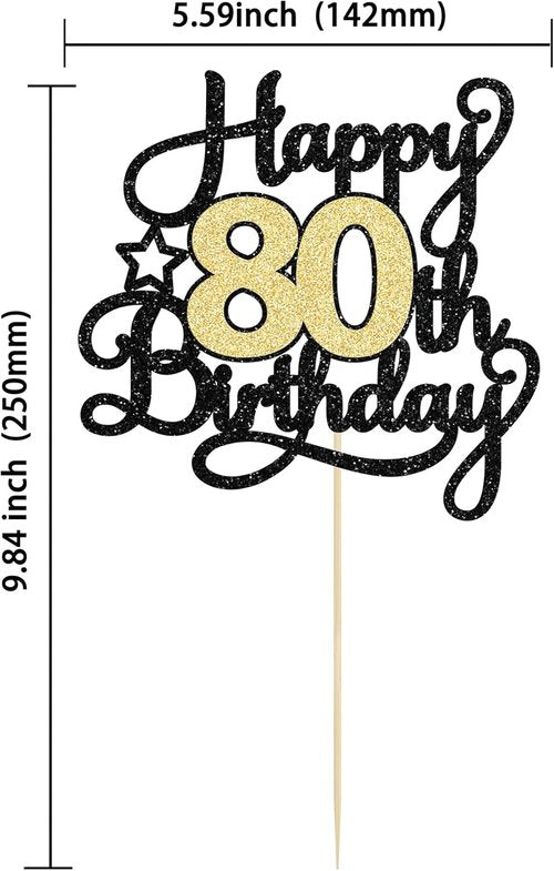 Happy 80th Birthday Cake Topper by [Brand Name] - Black Gold Glitter Design for 80th Anniversary Celebration