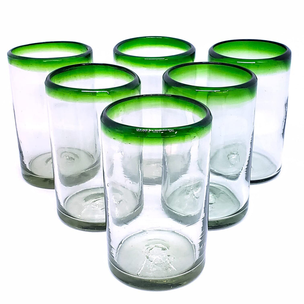 MexHandcraft Emerald Green Rim 14 oz Drinking Glasses (set of 6), Recycled Glass, Lead-free, Toxin-Free (Drinking)
