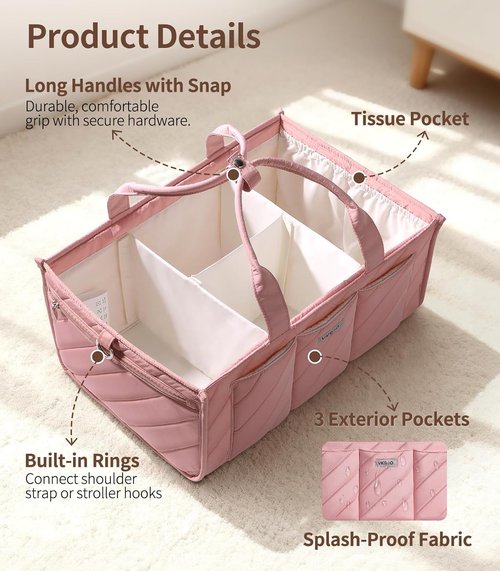 Diaper Caddy Organizer by Extra Large - Water-Resistant Nursery Storage Basket with Zipper Pocket & Shoulder Strap | Perfect for Twins, Blush Pink