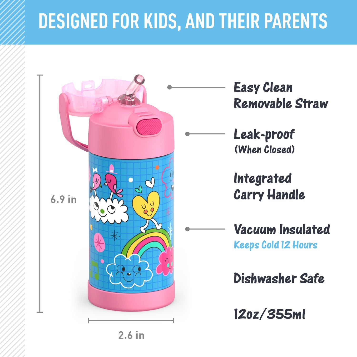 THERMOS FUNTAINER Water Bottle - 12 Ounce Stainless Steel, Vacuum Insulated with Straw for Kids | Sketchbook Design